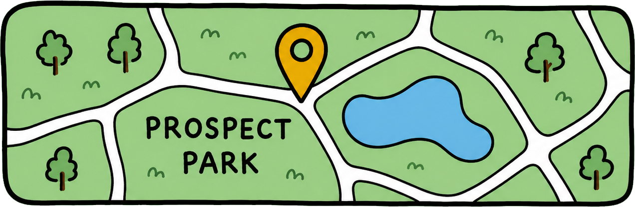 Hand-drawn map showing Long Meadow, Prospect Park, Brooklyn, NY, with a pin marking the meeting spot.